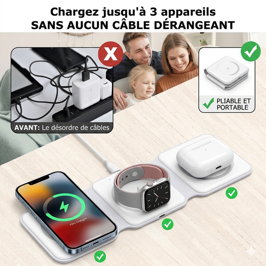 Chargeur Sans Fil 3-en-1 Pliable SENJAMM - Charge smartphone smartwatch écouteurs